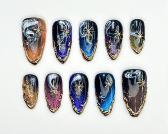 Galaxy Starry Night Press On Nails | Cosmic Nail Art | Gold Star Celestial Nails | Space-Inspired Handmade Nails | Midnight Sky Nail|JB843HC