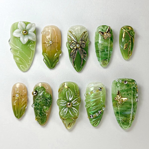 Vernis à pression vert forêt peint à la main | Création d&#39;ongles botanique | ongles verts inspirés de la nature | ongles verts inspirés de la nature | JB705HK
