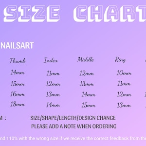 May include: A size chart for custom press-on nails, showing the measurements in millimeters for each finger: thumb, index, middle, ring, and pinky. The chart includes sizes XS, S, M, and L, as well as a custom option. The text "SIZE/SHAPE/LENGTH/DESIGN CHANGE PLEASE ADD A NOTE WHEN ORDERING" is included.