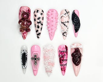 Creepy Cute Pink Press On Nails | Gothic 3D Horror Nail Art | Sweet but Scary Nails | Gummy Bear, Fangs & Spikes | Anatomical Heart |JB870HC