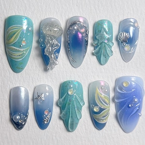 Blue Ocean Theme Style Nails | Ocean-inspired Press On Nails | Marine Nail Set with Mermaid, Jellyfish Designs | Almond Nails | JB311A