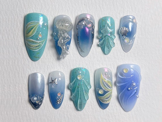 Blue Ocean Theme Style Nails | Ocean-inspired Press On Nails | Marine Nail Set with Mermaid, Jellyfish Designs | Almond Nails | JB311A