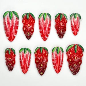 Handmade Strawberry Press On Nails | 3D Fruit Nail Art | Juicy Red Kawaii Nails | Handmade Summer Nail Set | Food-Inspired Press Ons|JB880HC