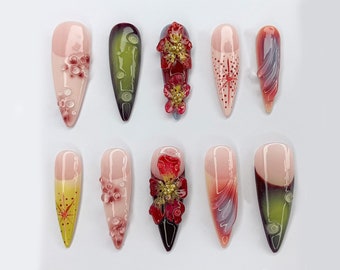 Custom Dreamy Press On Nails | 3D Jelly Orchids Nail Art | Hand-painted Acrylic Floral Press-Ons | FairyCore Flower Fake Nails | JB330AK