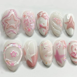 Dreamy Y2K Pastel Star Nails | Handmade Press On Nails | Cute Kawaii Nail Art | Glossy Pink & White Starry Press Ons | Almond Nails | JC368A