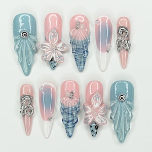 Jelly Ocean-Inspired Press On Nails Almond | 3D Beach Theme with Seashells and Flower | Handmade Press On Nails for Summer Vibes | JB337AV