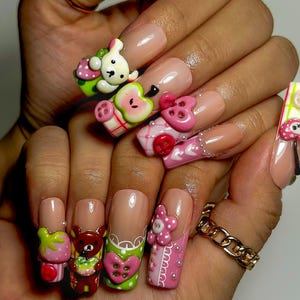 Kawaii Bear Picnic Press On Nails | 3D Cute Animal & Fruit Charms | Pink Green Pastel Y2K Nail Art | Handmade Cartoon Dessert Nails |JB986EC