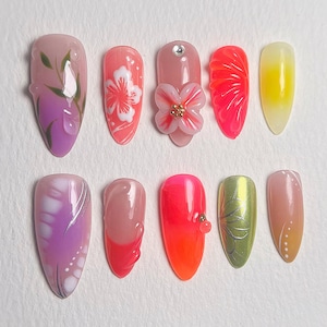 Jelly Flower Press On Nails | Colorful Floral Nail Set | Dreamy 3D Blossom Gel in Fake Nails | Fairycore, Fairy Tale Almond Nails | JC307A