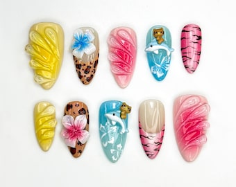 Uñas postizas con diseño de lindo gato de la jungla / Uñas con estampado de delfín tropical y leopardo / Uñas de verano con gatito 3D y flores / Uñas de vacaciones lindas estilo Y2K / JB813HC