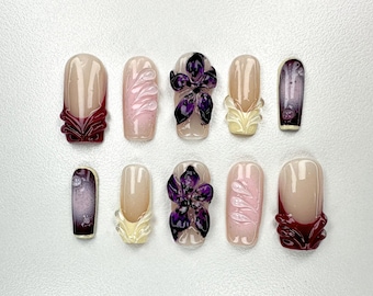 Luxurious Hand-Painted Butterfly Press On Nails | Bespoke Acrylic Nails | Trendy and Chic Press Ons | Party, Bridal Wear Fake Nails| JB504YC