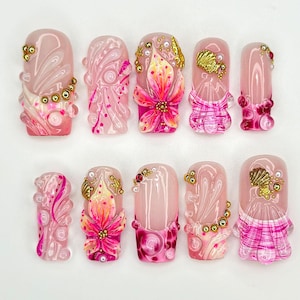 Pink Swirl Fantasy Press On Nails | 3D Tropical Flower Nail Art | Gold Shell & Pearl Embellished Nails | Glossy Jelly Pink Texture | JC924EC