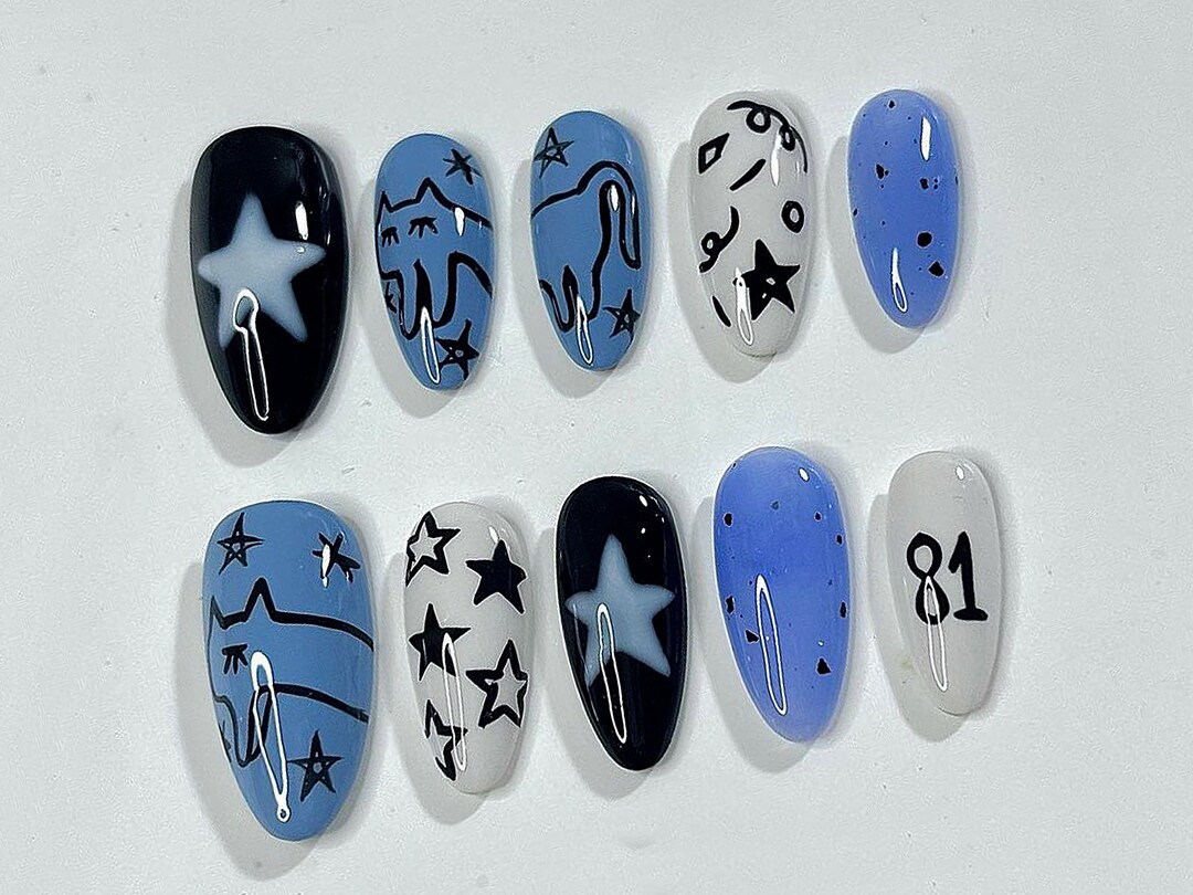 Blue And White Press On Nails Dark Blue Acubi-style Nails Blue and White Press on Nails Y2k-inspired