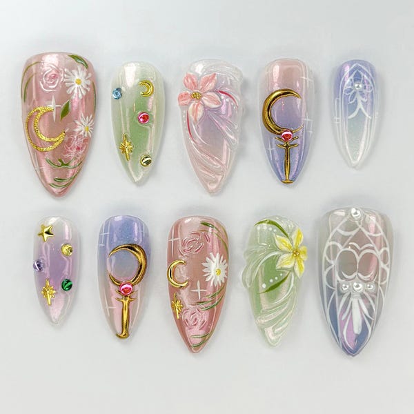 Sailor Moon Press On Nails | Pastel Magical Girl Nail Art | Iridescent Anime Design | Kawaii Anime Press On | Handmade Cosplay Nail |JB746HK