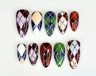 Uñas postizas de invierno con diseño de suéter acogedor / Uñas a cuadros preppy / Uñas de estilo academia invernal / Uñas postizas a cuadros retro / JB255HC