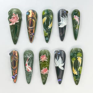 Serene Koi Pond Press On Nails | Koi Fish & Lotus Design | Floral Nature-Inspired Press Ons | Japanese Water Nail Art | JB749HK