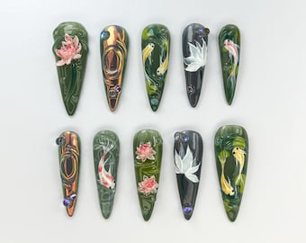 Serene Koi Pond Press On Nails | Koi Fish & Lotus Design | Floral Nature-Inspired Press Ons | Japanese Water Nail Art | JB749HK