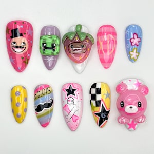 Cute Bear & Fruit Press On Nails | Color Pop Nail Art | Handmade Cartoon Nails | Whimsical Fun Nails | Playful Press Ons | JB849HC
