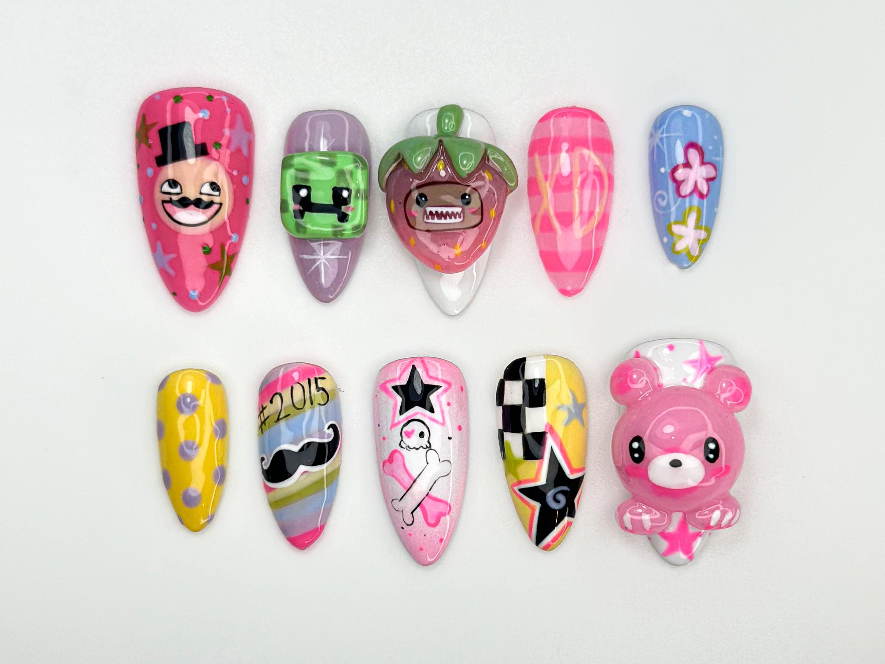 Cute Bear & Fruit Press On Nails | Color Pop Nail Art | Handmade Cartoon Nails | Whimsical Fun Nails | Playful Press Ons | JB849HC
