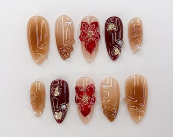 Custom Flower Fairycore Nails | Press On Nails Almond | Dreamy 3D Orchad Floral Press-Ons | Hand-painted Acrylic Spring Fake Nails |JC369AV