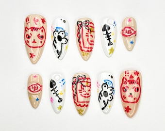 Hungry Cat Press On Nails | Angry Cat & Fishbone Nails | Funky Comic Nail Art | Y2K Street Style Nails | Bold Artistic Nails | JC894HK