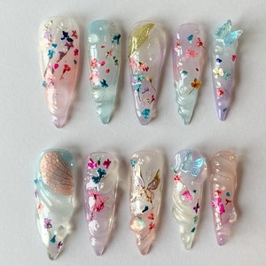 Butterflies Garden Long Almond Press On Nails | Flower Pink Pastel Press Ons | Fairy Tale Inspired Fake Nails | JC135SK