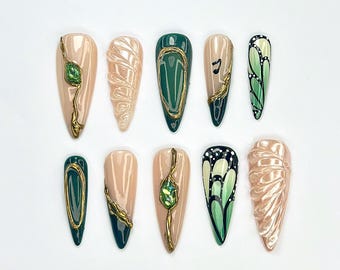 Uñas postizas mariposa esmeralda / Uñas postizas inspiradas en la naturaleza / Uñas verdes de lujo / Set de uñas verde brillante / Uñas de lujo / JB758YC