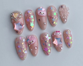 Kawaii Animal Press On Nails • Pink Bunny & Cloud Puppy Designs • Dreamy Sparkling Jelly Fake Nails • Cute 3D Nail Set |JC116A