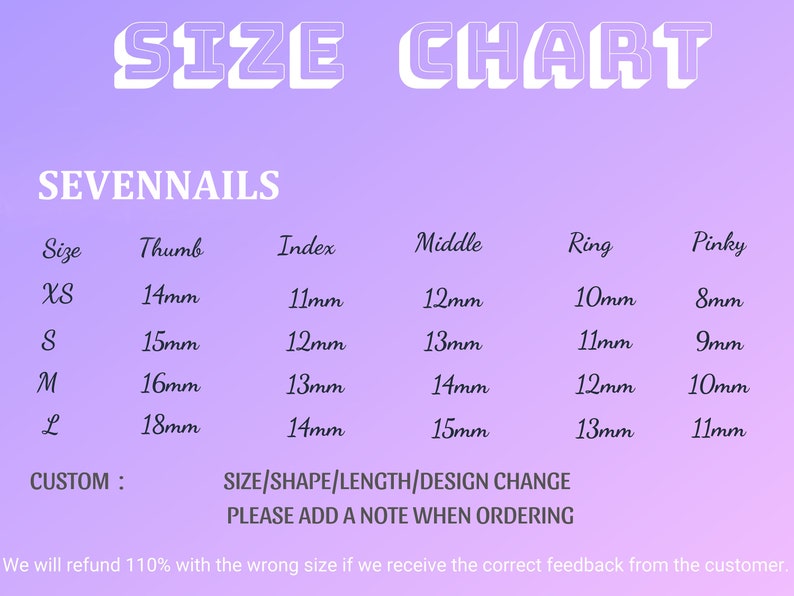 May include: A size chart for nail tips, showing the measurements in millimeters for each finger: thumb, index, middle, ring, and pinky. The chart includes sizes XS, S, M, and L, as well as a custom option. The text "SEVENNAILS" is at the top of the chart.