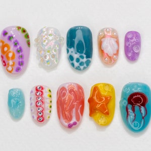 Unhas de pressão exclusivas de estrelas do mar e corais | Unhas postiças de sereia e elementos do oceano | Arte de unha de vida marinha | Unhas de acrílico de praia 3D | JC415Y