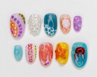 Unique Starfish and Coral Press On Nails | Mermaid and Ocean Elements Fake Nails | Sea Life Nail Art | 3D Beach Acrylic Nails | JC415Y