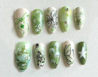Spring Garden Long Almond Nails | Green Leaf & Floral Designs | Handcrafted Faux Nail Art | Trendy Nail Art | Unique Handmade Nails |JB534H