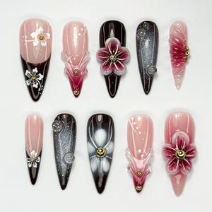 Elegant Red Floral Press On Nails | 3D Red Blossom Nail Set | Elegant Spring Nails | Glossy Floral Nail Set | Dark Glam Nails | JC756HC