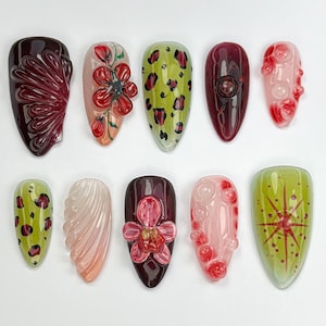 Whimsical Garden Press On Nails | 3D Ladybug & Flower Set | Glossy Red Green Nails | 3D Flower Nail Art | Spring Nature Nails |JB748HC