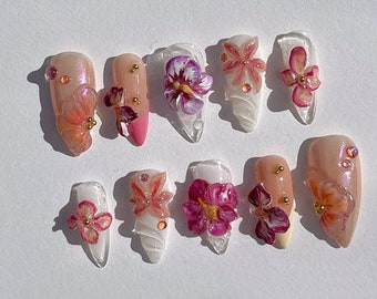 3D Dry Orchard Flower Press On Nail | Almond Nails | Custom Handpainted Acrylic Spring Fake/False Nail, Floral Nails | Dreamy Nails | J178