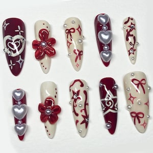 Valentine&#39;s Day Press On Nails | Romantic Red and White Nail Set | 3D Floral and Heart Press Ons | Luxury Handcrafted Bow Nail Art | JB382A