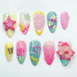 Beach Summer Press-On Nails | Bright Pink & Yellow Nail Art | Summer Inspired Nail Design | Cute Beach Nail Set | Tropical Vibes |JB738HC