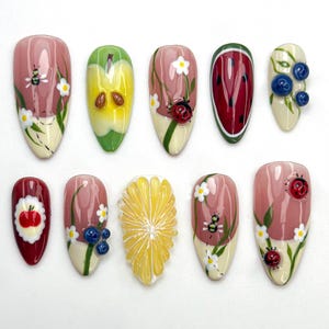 Garden Picnic Press On Nails | Fruit & Floral Summer Nail Art | 3D Ladybug And Lemon Nails | Handmade Berry Picnic Nail Tips | JC799HK
