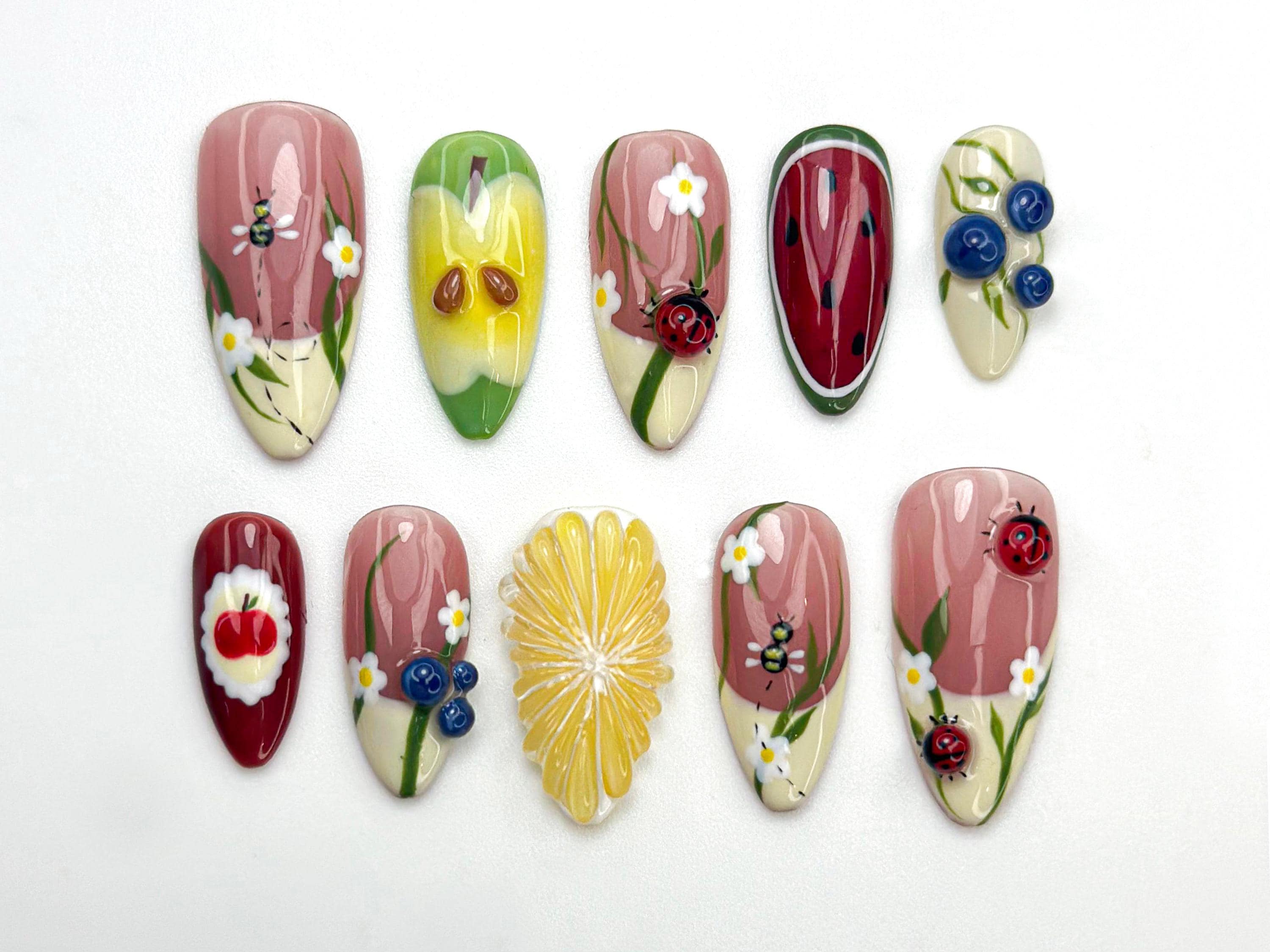 Garden Picnic Press On Nails | Fruit & Floral Summer Nail Art | 3D Ladybug And Lemon Nails | Handmade Berry Picnic Nail Tips | JC799HK