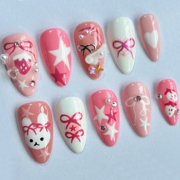 Almond Dreamy Press On Nails | Pink Y2K Cute Bunny Miffy | Strawberry Nail Set| Ribbon Star Motif in Fake Nails| Cute/Abstract Nails| J89