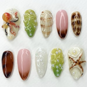 Jelly Ocean-Inspired Press On Nails Almond | 3D Beach Theme with Seashells and Mermaid Design | Handmade Press Ons for Summer Vibes |JB400AG