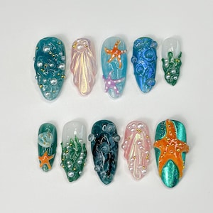 3D Tropical Beach Press On Nails | Ocean-Themed with Seaweed, Seashells, and Starfish | Handmade Press On Nails | JB316SL