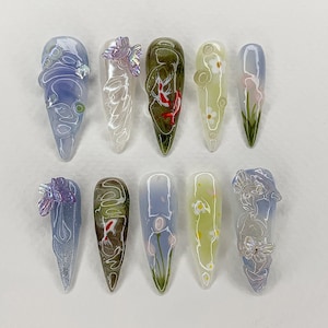 Custom Jelly Press On Nails | 3D Koi Fish Pond Tulip Fake Nails | Gift Nails | Handmade Press On Nails | Faux Acrylic Gel Nail Art | JB432AH