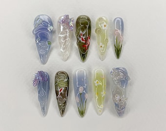 Custom Jelly Press On Nails | 3D Koi Fish Pond Tulip Fake Nails | Gift Nails | Handmade Press On Nails | Faux Acrylic Gel Nail Art | JB432AH