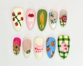 Nail Art personnalisé Fruit Garden | Décoration d'ongles pastèque, fraise et agrumes peinte à la main | Dessins d'ongles végétaliens | JB525HC