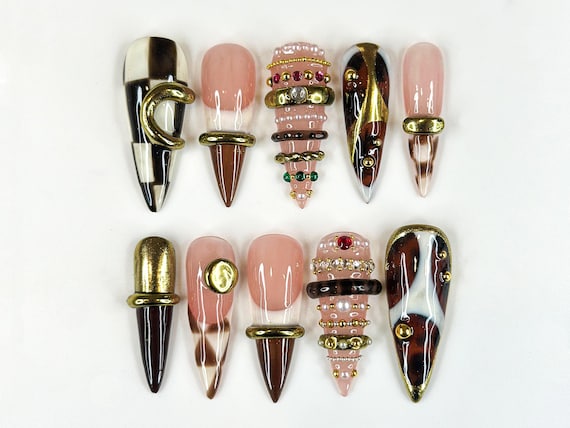 Brown Gold Luxe Press On Nails | Sculptural Ring Nail Art | Luxury Jewelry Inspired Nails | High Fashion Press Ons | Luxury Nail | JB262HK