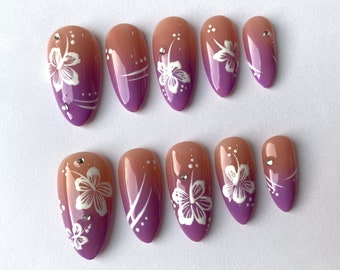 Ongles pressés ombrés rose violet | Fleur peinte à la main avec un motif en fleurs - Décorations pour ongles élégantes | Fleurs à presser uniques | Faux ongles | J213