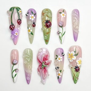 Pastel 3D Ladybug Press On Nails | 3D Floral Garden Nail Art | Cute Spring Nature Nails | Whimsical Bug Nail | Garden Bloom Design | JB800HC