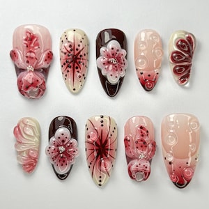 Elegant Red Floral Press on Nails by Sevennailart | Burgundy