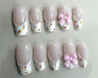 French Tip Press On Nails Coffin | Pink Frenchie Nails Style | Cute Tiny Flower with Bow in Fake Nails | Stunning Elegent Nail Set | JC279A