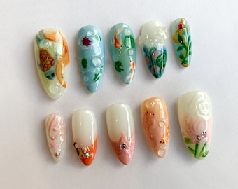 Custom Oceanic Press On Nails | Ocean-Inspired Press On Nails | Golden Fish and Seaflower On Fake Nails | Y2k Nails | Mother day Gift| J240
